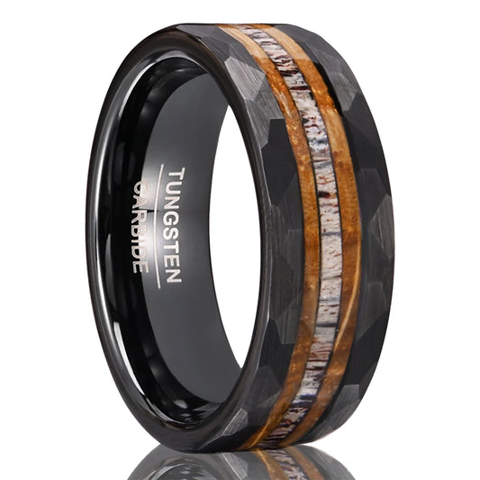8mm Black Tungsten Carbide Men's Ring Barrelwood and Antler Inlay Men's