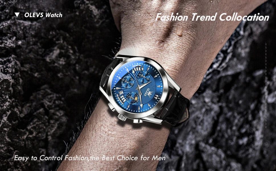 Men’s Luxury Chronograph Watch with Moon Phase and Leather Strap