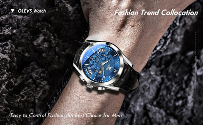 Men’s Luxury Chronograph Watch with Moon Phase and Leather Strap