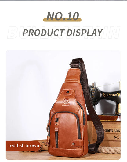 Bullcaptain Men’s Leather Sling Bag – USB Charging Crossbody Chest Pack for Travel, Work & Casual Use