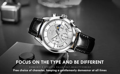 Men’s Luxury Chronograph Watch with Moon Phase and Leather Strap