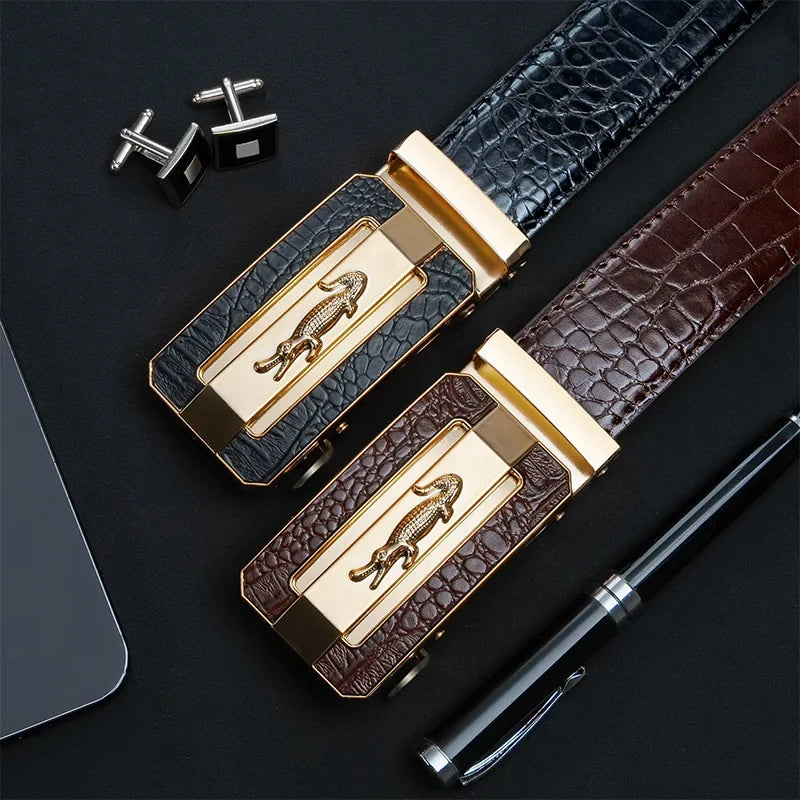 Men’s Automatic Buckle Leather Belt with Crocodile Texture – Elegant and Adjustable