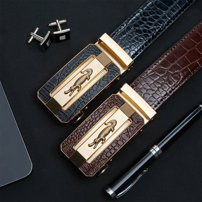 Men’s Automatic Buckle Leather Belt with Crocodile Texture – Elegant and Adjustable