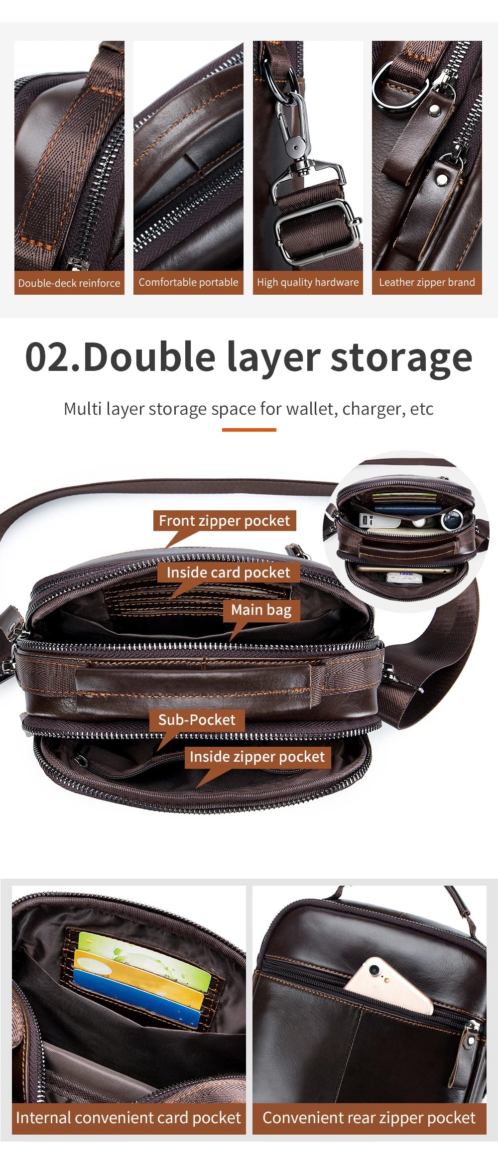 Men’s Vintage Leather Shoulder Bag – Small Crossbody Messenger with Multi-Pockets for Work, Travel & Daily Use