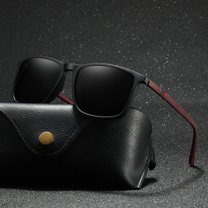 Matte Black Polarized Sunglasses with Red Textured Temples – Sleek & Sporty Film Anti UV