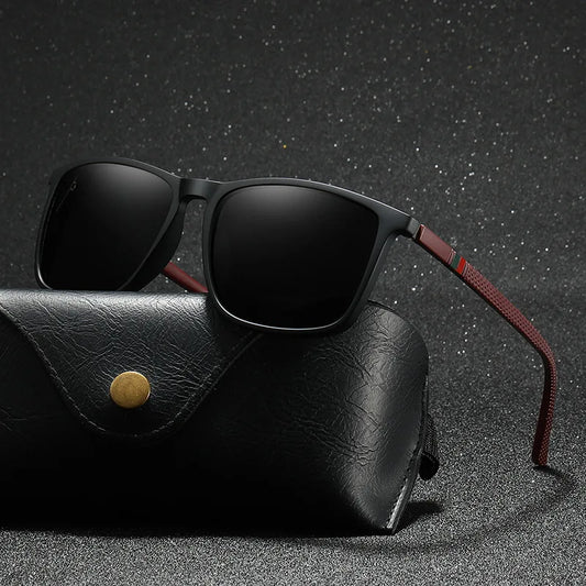 Matte Black Polarized Sunglasses with Red Textured Temples – Sleek & Sporty Film Anti UV