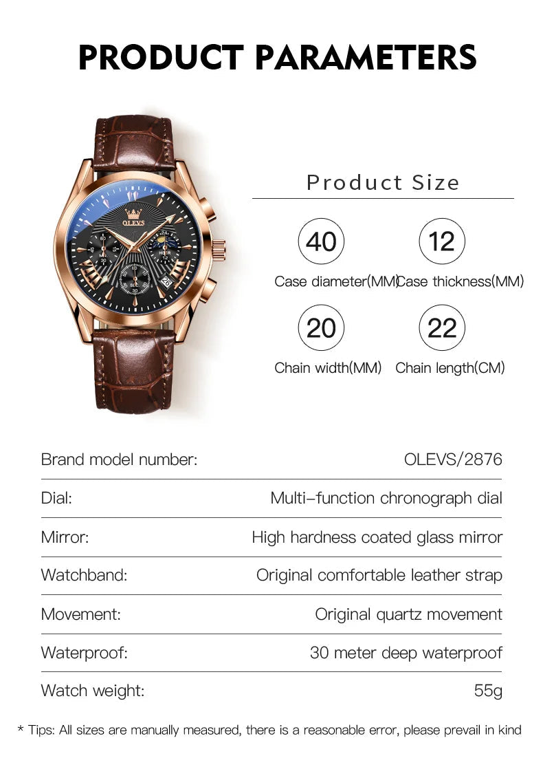 Men’s Luxury Chronograph Watch with Moon Phase and Leather Strap