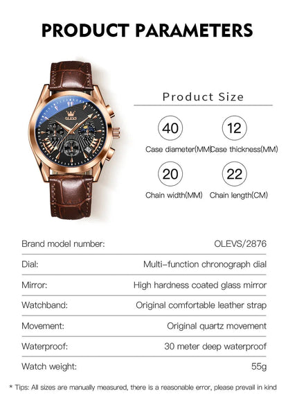 Men’s Luxury Chronograph Watch with Moon Phase and Leather Strap