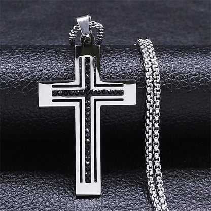 Colorful Gemstone Cross Pendant – Stainless Steel Necklace