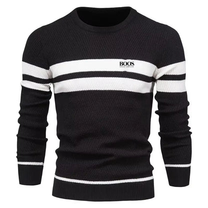 Men’s Slim Fit Knit Sweater – Warm Patchwork Pullover with Crew Neck & Long Sleeves