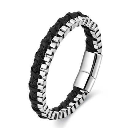 Black Genuine Leather Stainless Steel Bracelet, Handmade Double Chain Bracelet