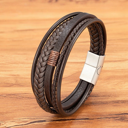 Men’s Triple Braided Leather Bracelet with Magnetic Clasp