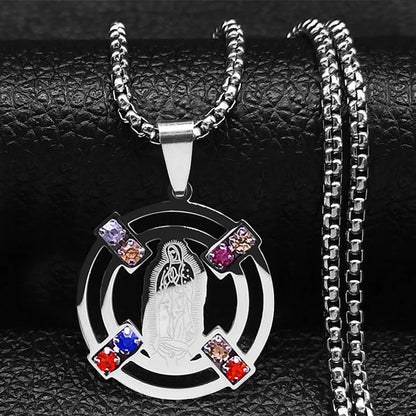 Colorful Gemstone Cross Pendant – Stainless Steel Necklace