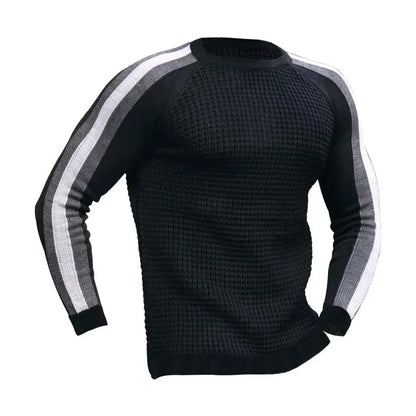 Men’s Athletic Ribbed Knit Sweater with Striped Sleeves – Sleek Casualwear with a Sporty Edge