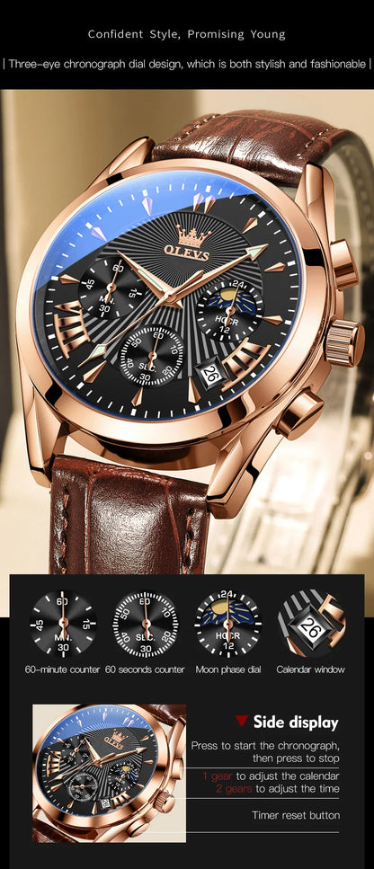 Men’s Luxury Chronograph Watch with Moon Phase and Leather Strap