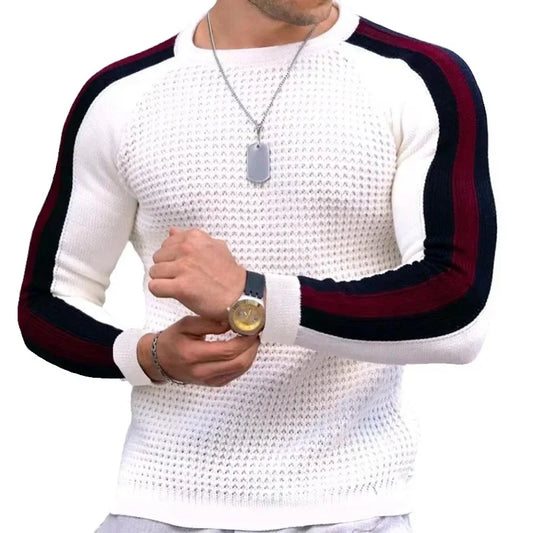 Men’s Athletic Ribbed Knit Sweater with Striped Sleeves – Sleek Casualwear with a Sporty Edge