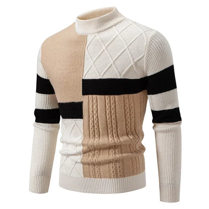 Men’s Slim Fit Patchwork Knit Sweater – Modern Textures for Smart Casual Looks