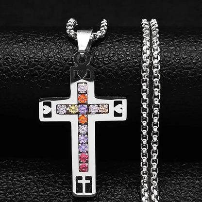 Colorful Gemstone Cross Pendant – Stainless Steel Necklace