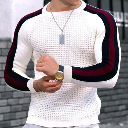 Men’s Athletic Ribbed Knit Sweater with Striped Sleeves – Sleek Casualwear with a Sporty Edge