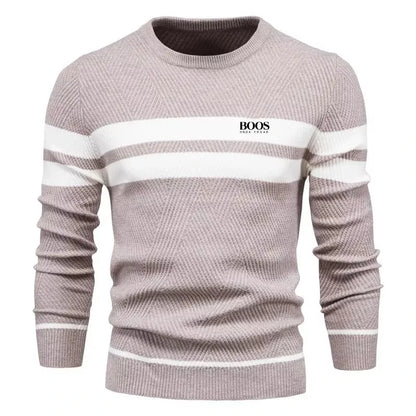Men’s Slim Fit Knit Sweater – Warm Patchwork Pullover with Crew Neck & Long Sleeves