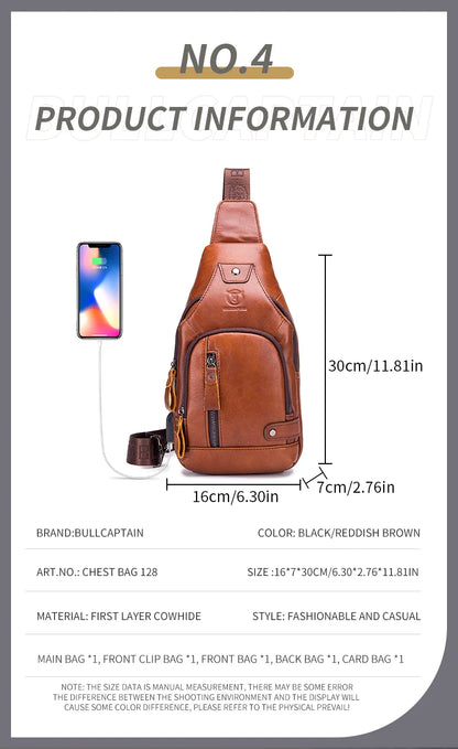 Bullcaptain Men’s Leather Sling Bag – USB Charging Crossbody Chest Pack for Travel, Work & Casual Use