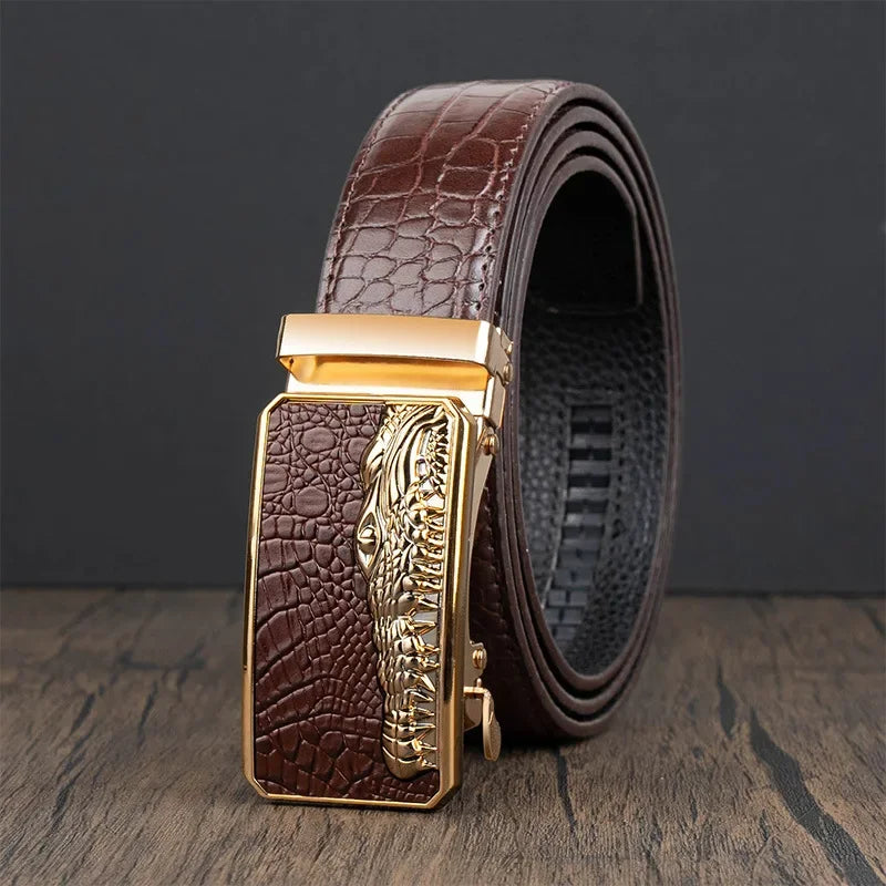 Men’s Automatic Buckle Leather Belt with Crocodile Texture – Elegant and Adjustable