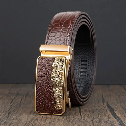 Men’s Automatic Buckle Leather Belt with Crocodile Texture – Elegant and Adjustable