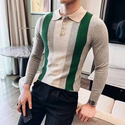 Men’s Retro-Style Long Sleeve Polo with Slim Fit