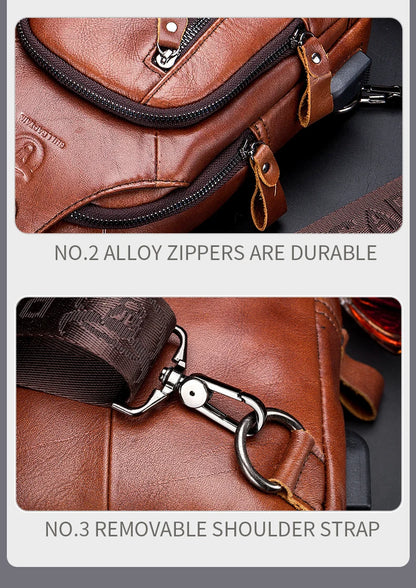 Bullcaptain Men’s Leather Sling Bag – USB Charging Crossbody Chest Pack for Travel, Work & Casual Use
