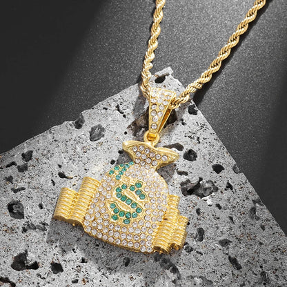 Men’s Hip Hop Necklace – Money Bag Pendant with Stones