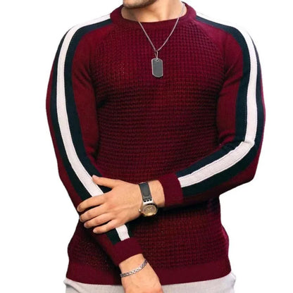 Men’s Athletic Ribbed Knit Sweater with Striped Sleeves – Sleek Casualwear with a Sporty Edge