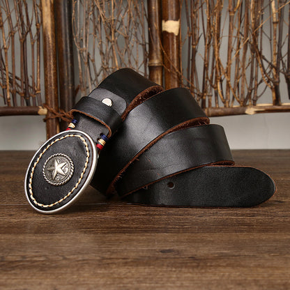 Herren-Ledergürtel mit ovaler Sternschnalle – Country-Stil