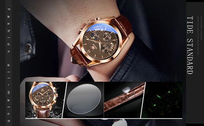 Men’s Luxury Chronograph Watch with Moon Phase and Leather Strap