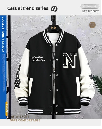 Men’s Varsity College Jacket with Embroidered Details and Snap Button Closure