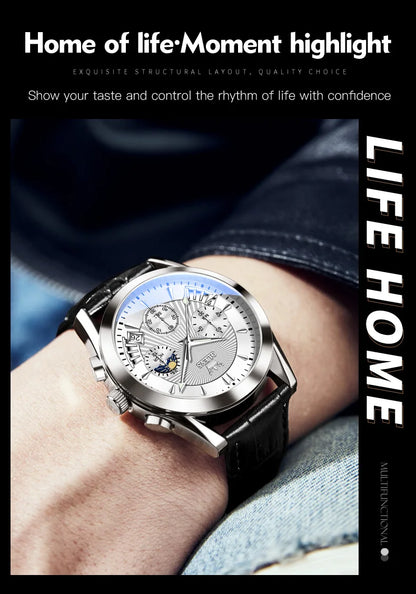 Men’s Luxury Chronograph Watch with Moon Phase and Leather Strap