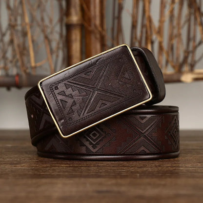 Men’s Leather Belt with Engraved Buckle – Rustic Style